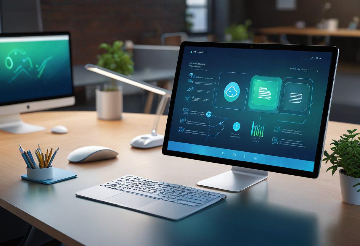 An abstract representation of a digital workspace featuring interconnected file icons, a sleek user interface, and seamless file sharing visuals, all set in a vibrant, modern environment. Soft gradients of blue and green, with arrows symbolizing quick movements and efficiency. Add diverse people collaborating around the digital interface, showcasing teamwork and productivity. clean lines and contemporary design. super-realistic. vibrant colors.