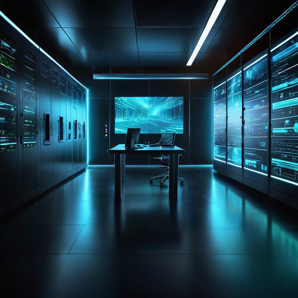 A futuristic server room with glowing data streams flowing into a uBox device at the center. Surround the scene with holographic displays showing backup statistics and recovery timelines. Include elements of security shown through locks and shields, and a calm technician monitoring the process. Bright blue and green hues to symbolize technology and protection. digital art. vibrant colors. 3D.