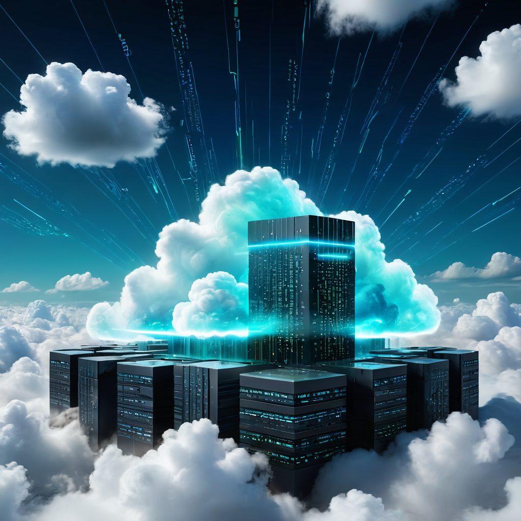A digital fortress representing data security, surrounded by clouds symbolizing cloud storage. Incorporate elements like locks, shields, and binary code rising like mist from the clouds. Showcase a futuristic user interface displaying cloud storage options with glowing data streams. Bright and modern color palette to convey innovation and safety. super-realistic. vibrant colors. white background.